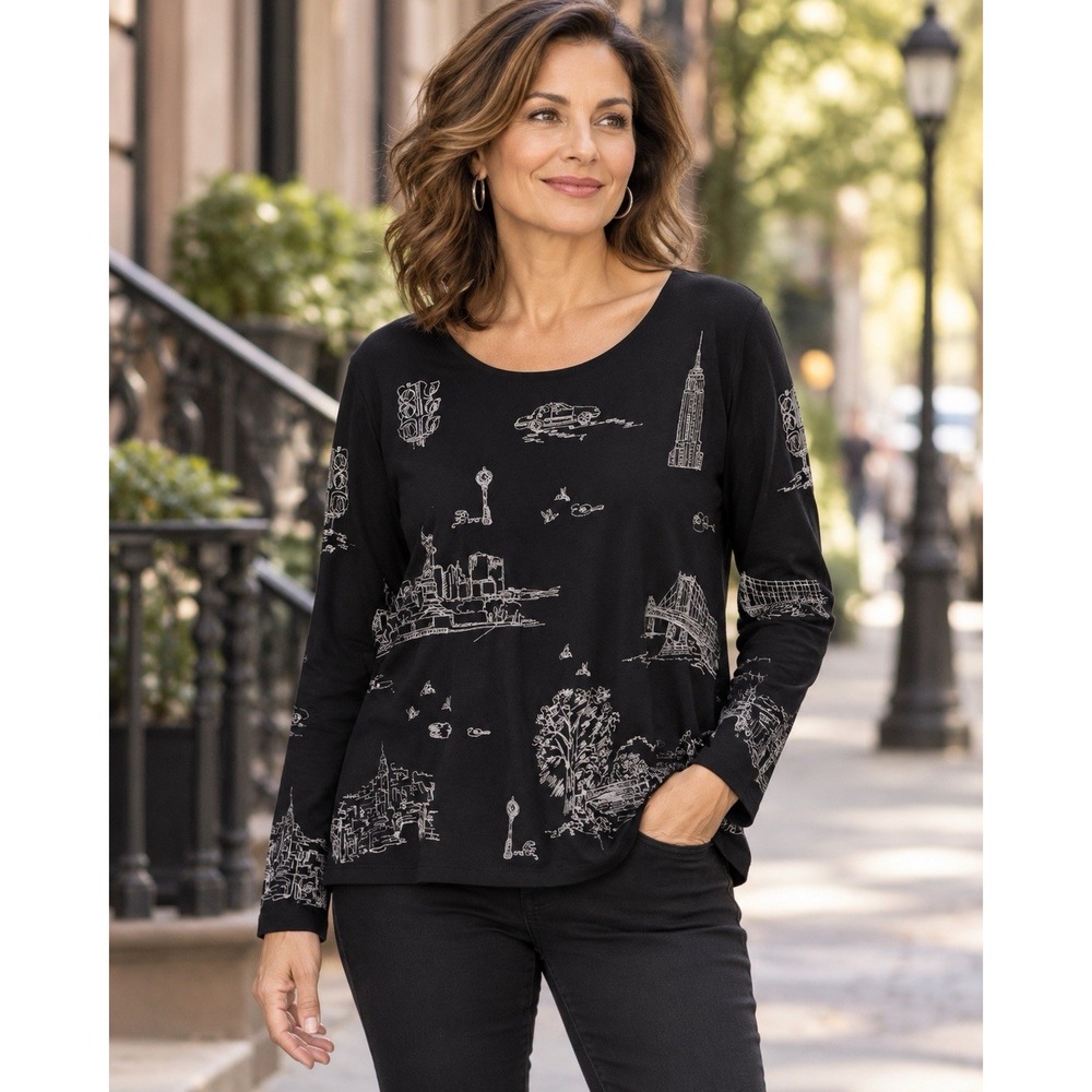 Chico's Size 3 XL Black New York City Skyline Print Long Sleeve Top Artsy Travel
